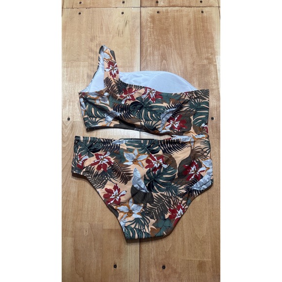 Pink Lily Womens Tropical Floral One Shoulder One Piece Tan Green Large - Picture 4 of 4